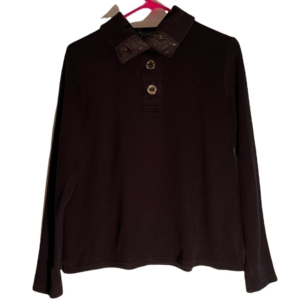 Lauren, Ralph Lauren Black 1/4 gold tone button collared pullover. Size Med GUC - Picture 2 of 8